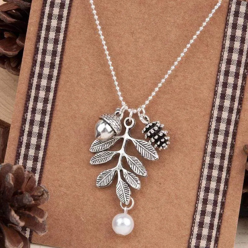 Acorns in Fall White Necklace & Earrings Set