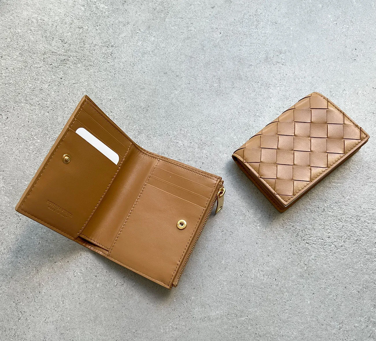 Bi-Fold Zip Wallet Intrecciato, Caramel