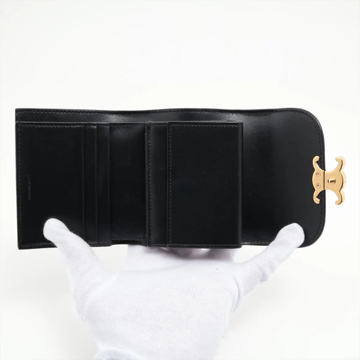 CELINE Triomphe Leather Compact Wallet Black