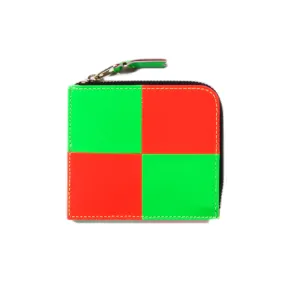 COMME DES GARCONS SA3100 FLUO SQUARES ZIP WALLET ORANGE / GREEN