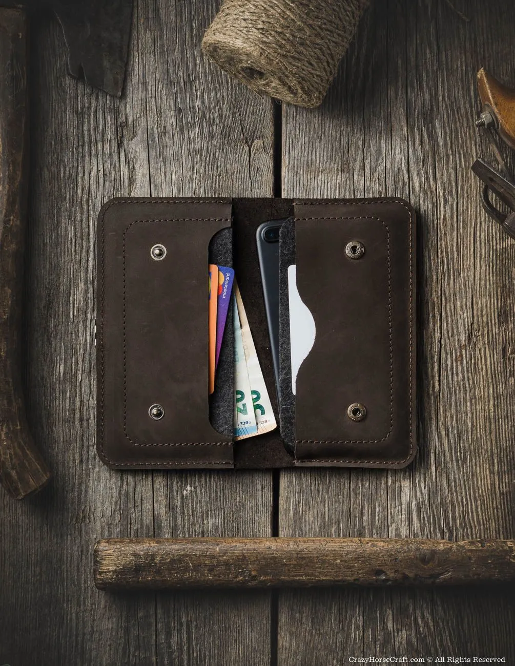 Leather Double iPhone Wallet / Case | Wood Brown