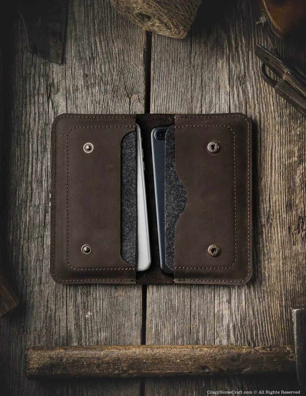 Leather Double iPhone Wallet / Case | Wood Brown