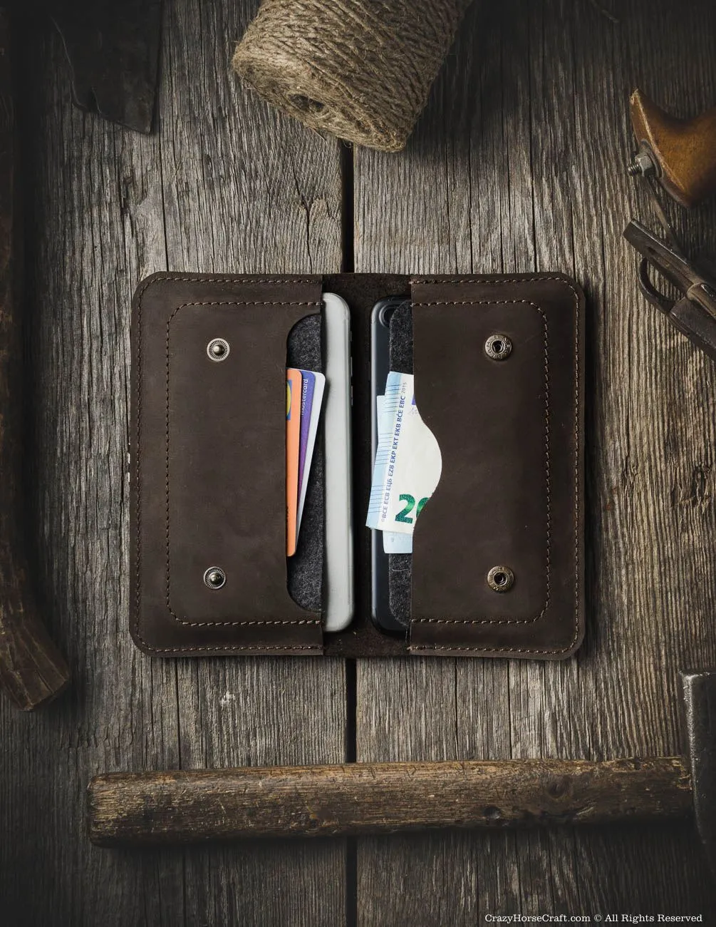 Leather Double iPhone Wallet / Case | Wood Brown