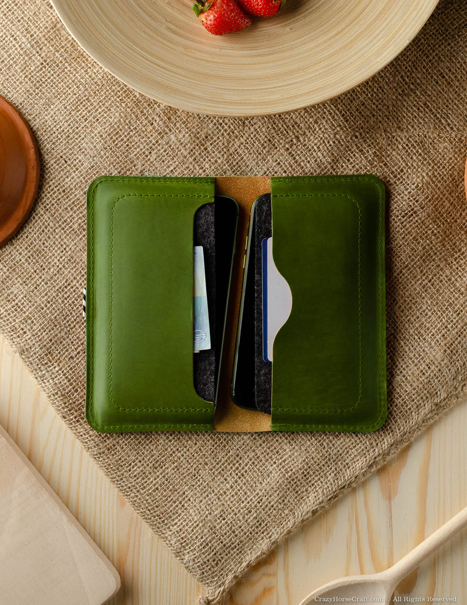 Leather wallet / case for two phones | Alpine Green