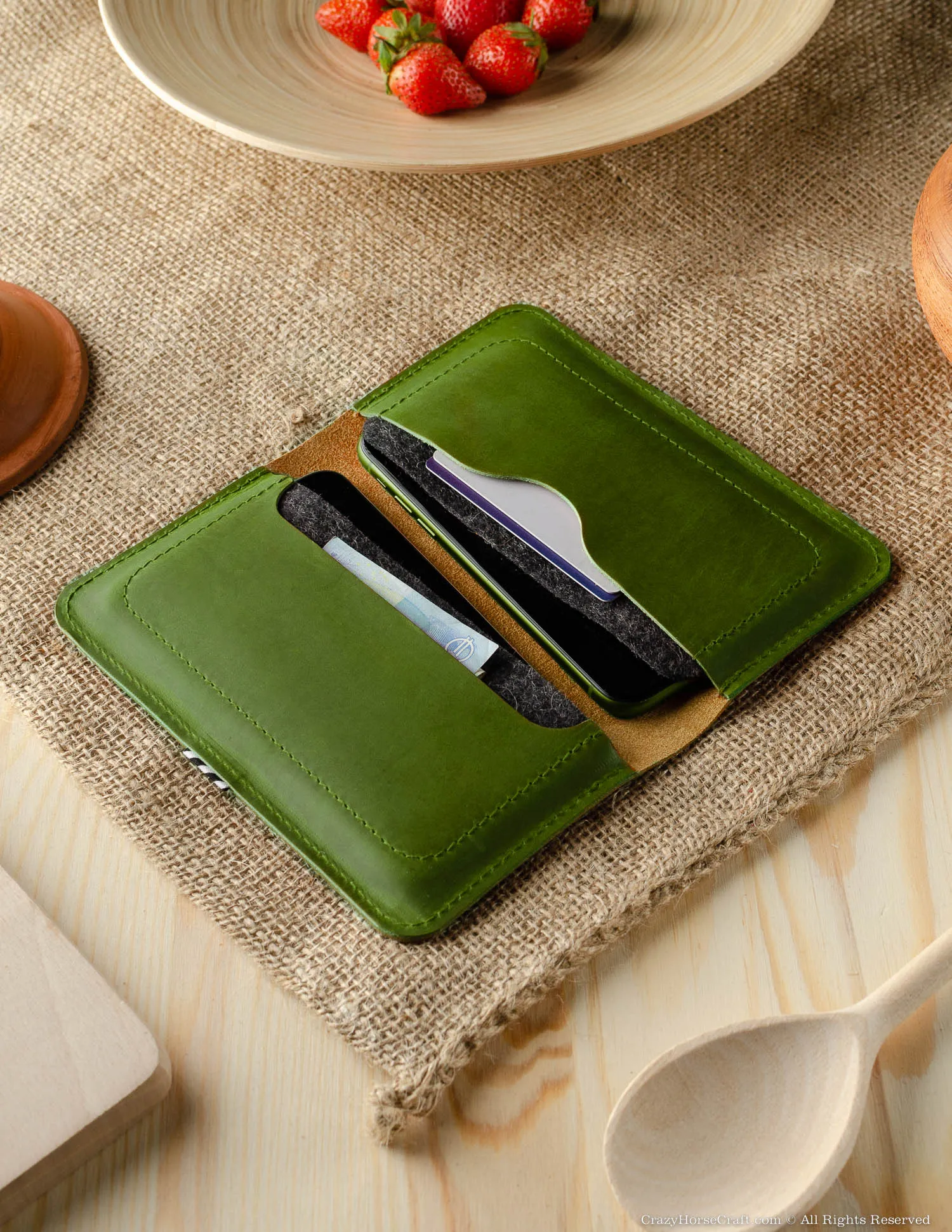 Leather wallet / case for two phones | Alpine Green