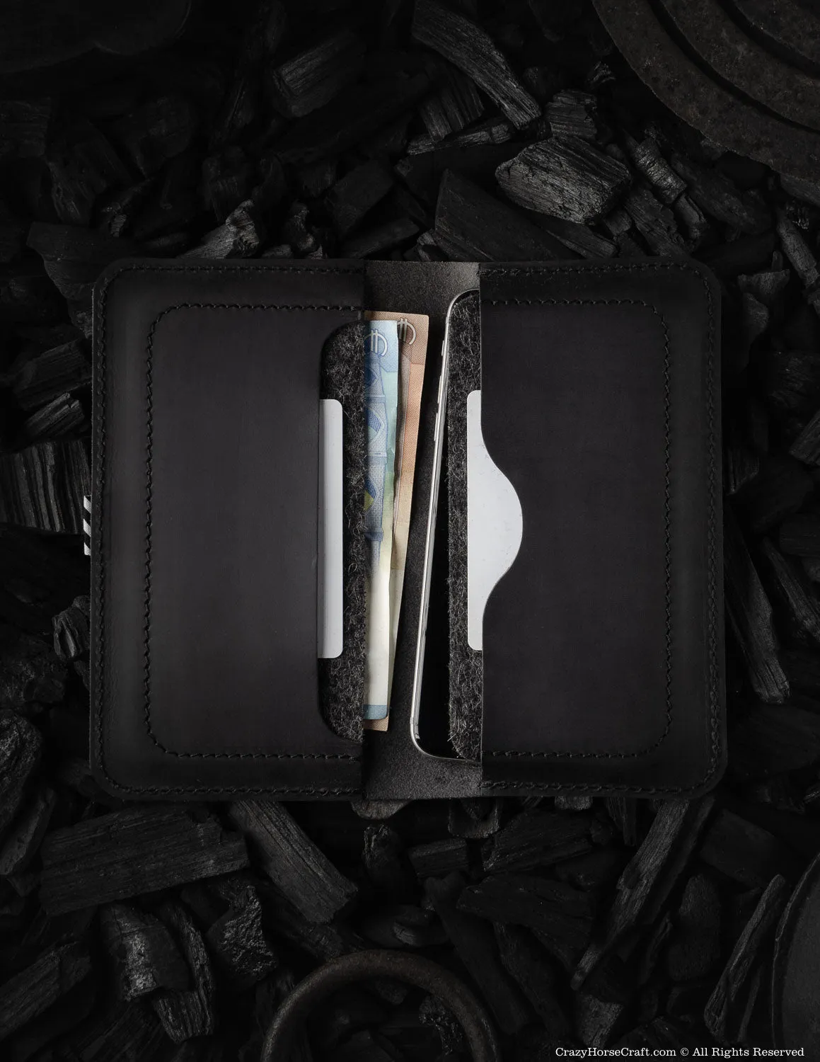 Leather wallet / case for two phones | Carbon Black