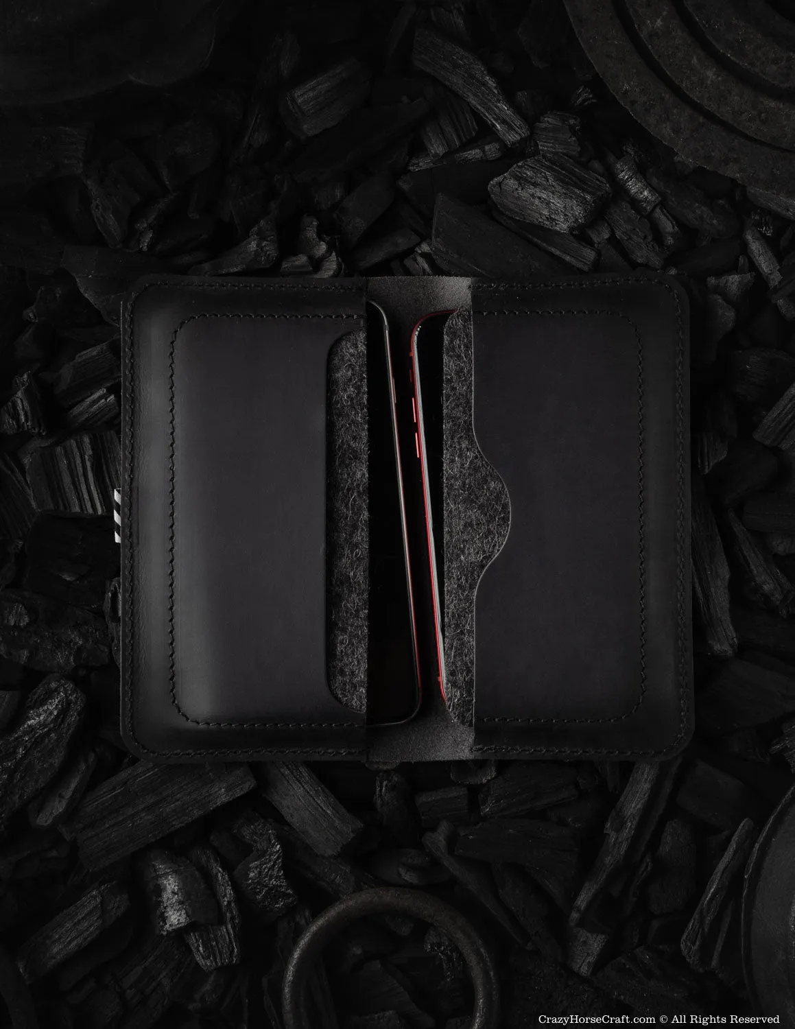 Leather wallet / case for two phones | Carbon Black