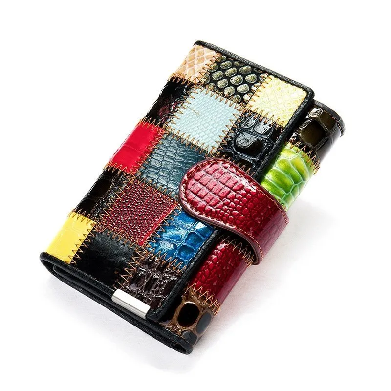 Leather Women Vintage Stitching Design Patchwork trifold Wallet