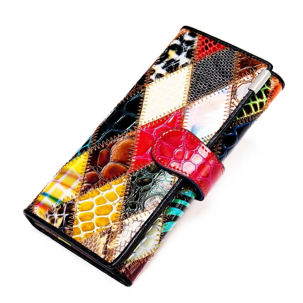 Leather Women Vintage Stitching Design Patchwork trifold Wallet