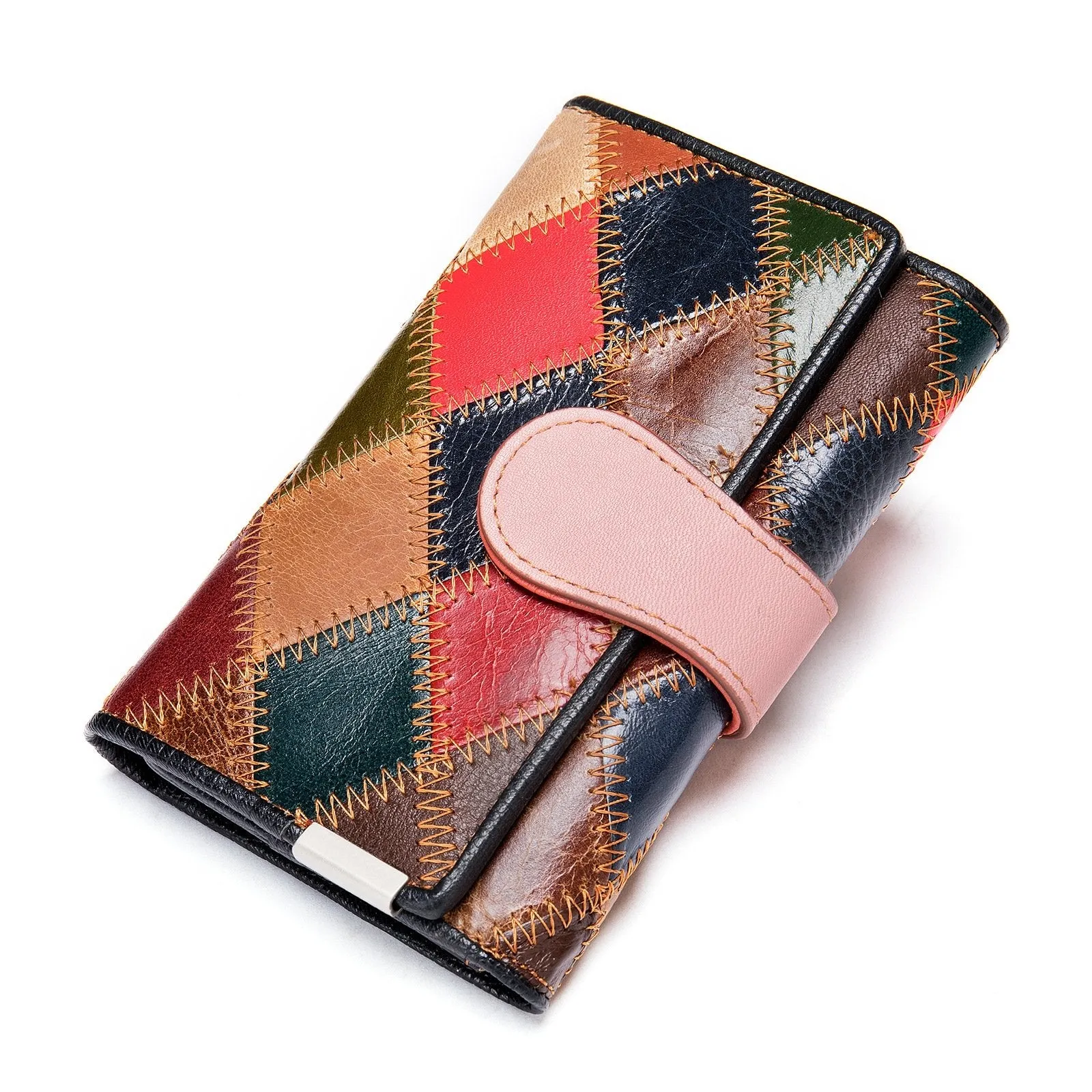 Leather Women Vintage Stitching Design Patchwork trifold Wallet