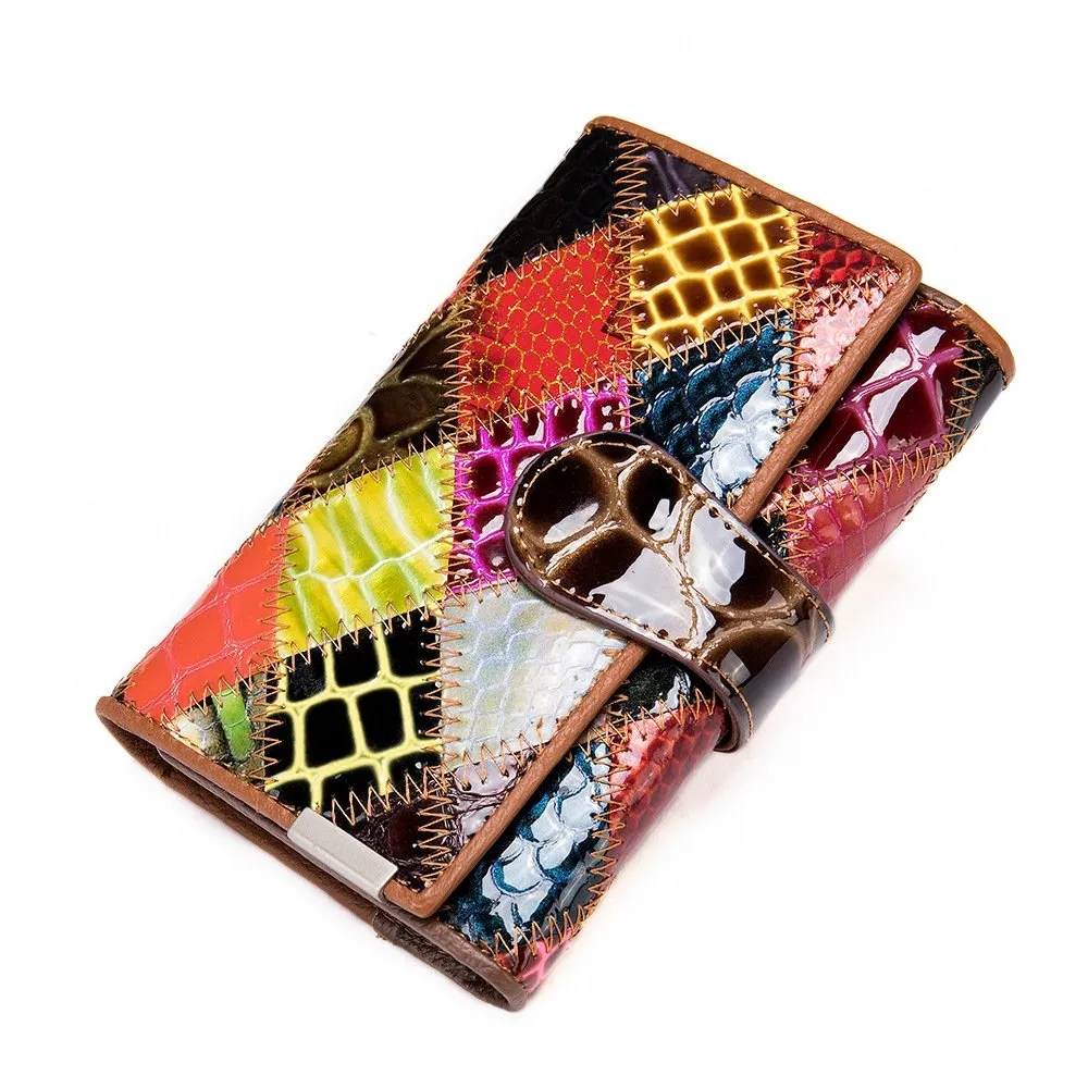 Leather Women Vintage Stitching Design Patchwork trifold Wallet