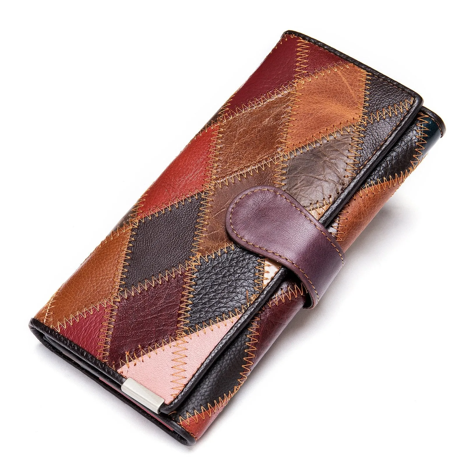 Leather Women Vintage Stitching Design Patchwork trifold Wallet