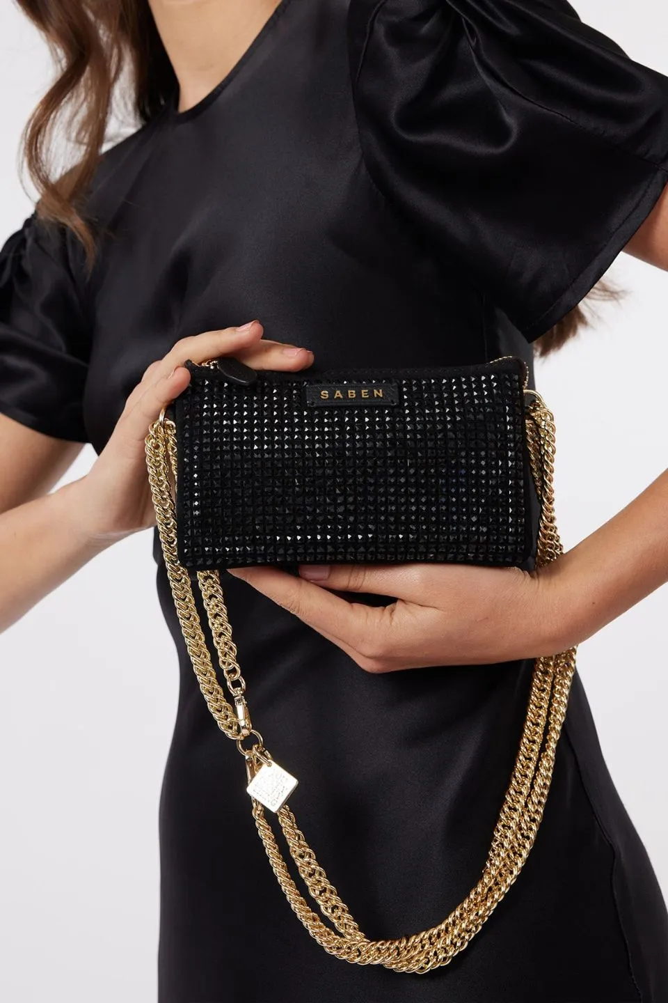 Lily Black Crystal Crossbody Bag with Gold Chain