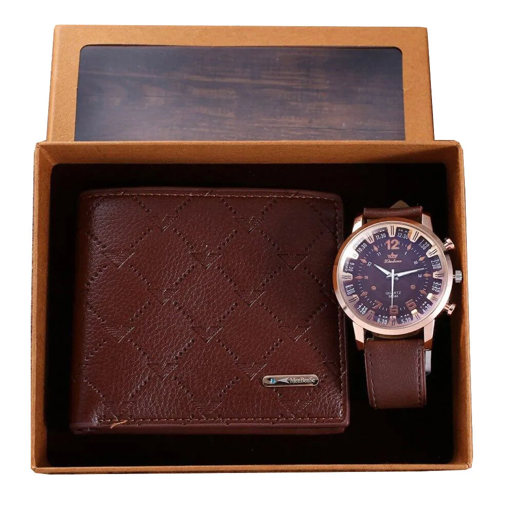 Men Quartz Watch and Brown Wallet with Cardholder Gift Set