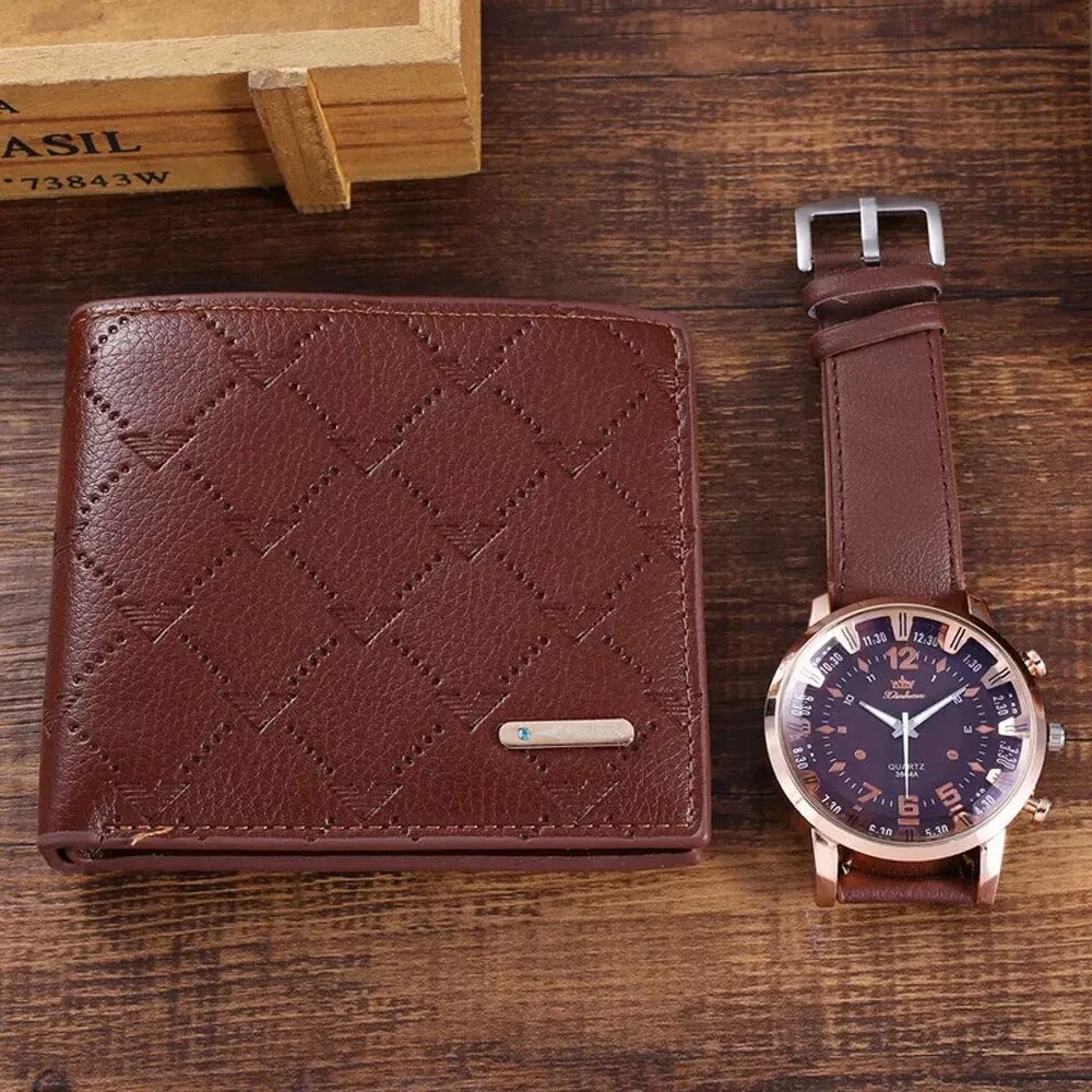 Men Quartz Watch and Brown Wallet with Cardholder Gift Set