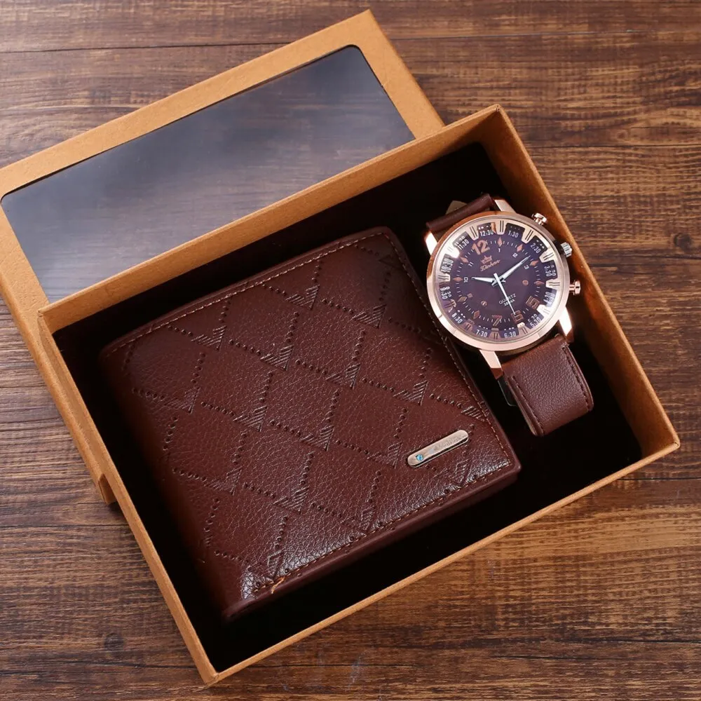 Men Quartz Watch and Brown Wallet with Cardholder Gift Set