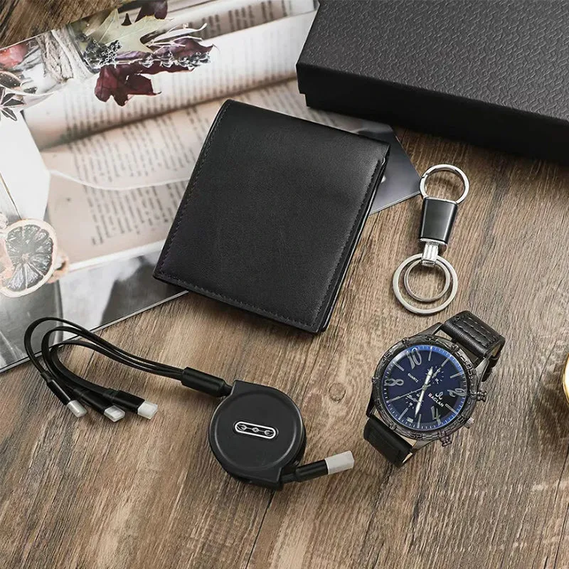 Men Quartz Watch, Black Leather Wallet, USB Cable, and Keychain Gift Box Set