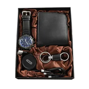 Men Quartz Watch, Black Leather Wallet, USB Cable, and Keychain Gift Box Set