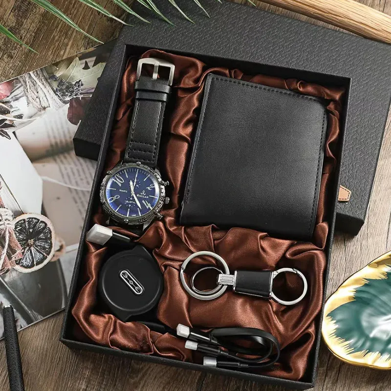 Men Quartz Watch, Black Leather Wallet, USB Cable, and Keychain Gift Box Set