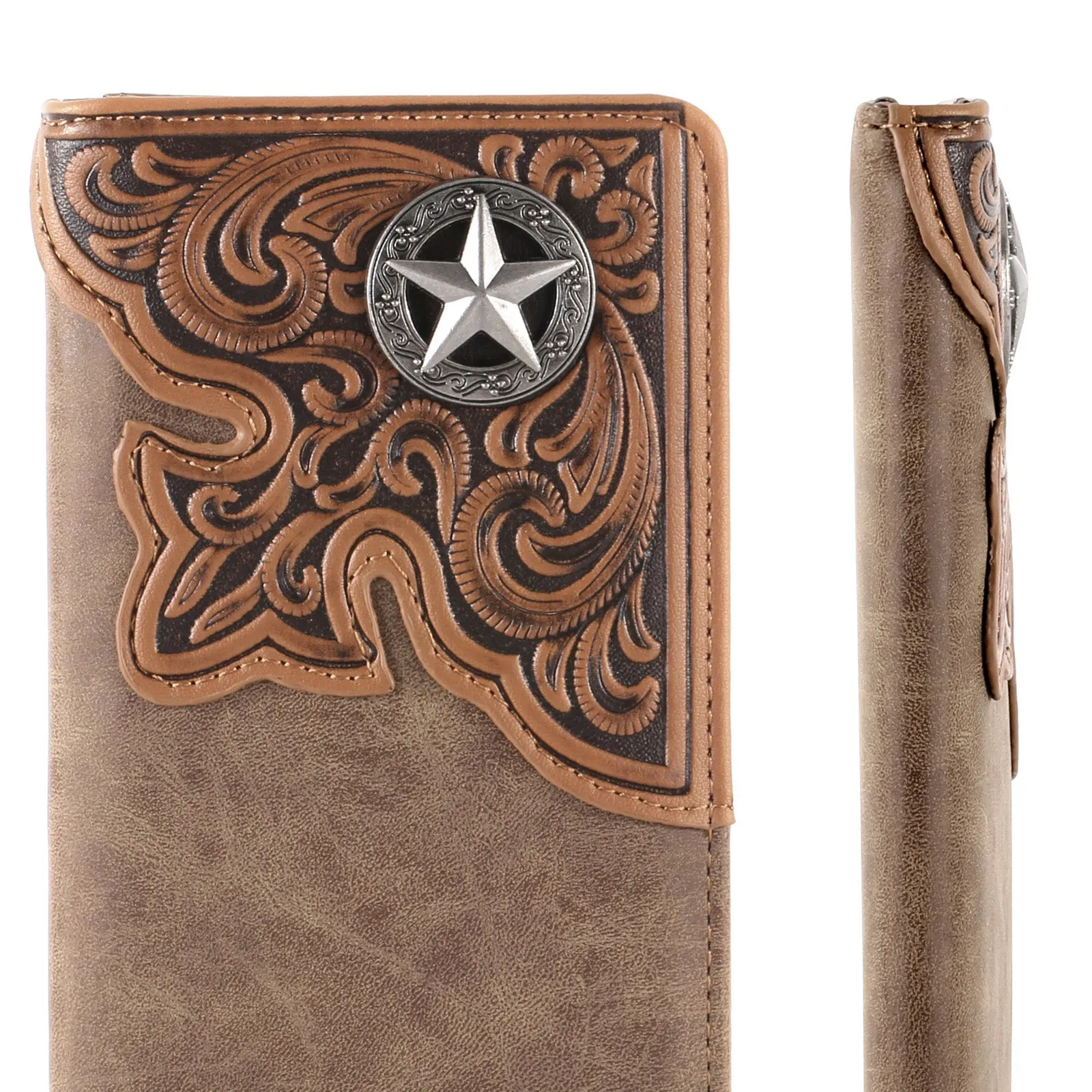 MW-610  Embossed Lone Star Concho Men's Bifold Long PU Leather Wallet