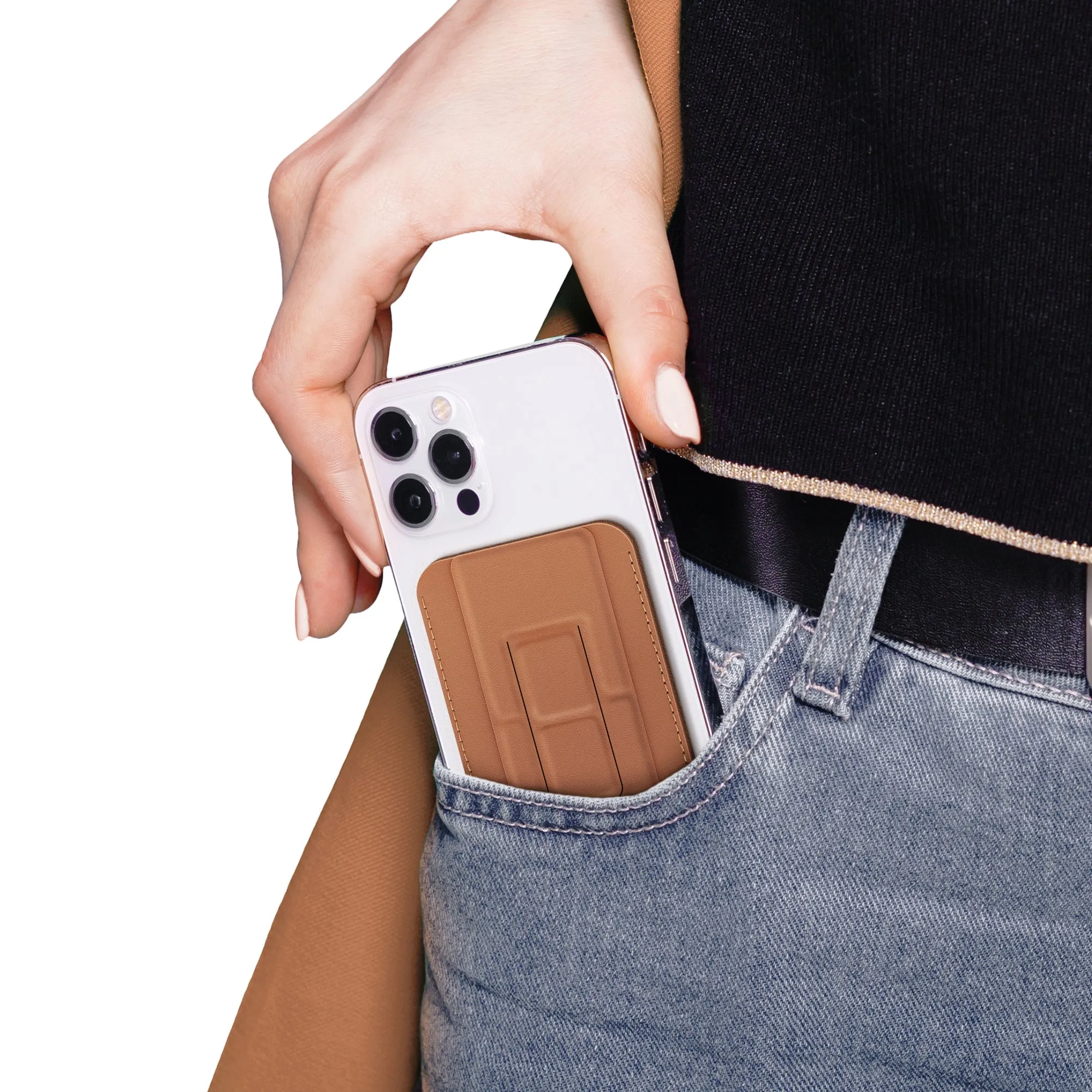 SKYVIK Leather Wallet Stand(MagTap) Compatible with Magsafe Card Holder for iPhone 15/14/13/12 Series-Brown