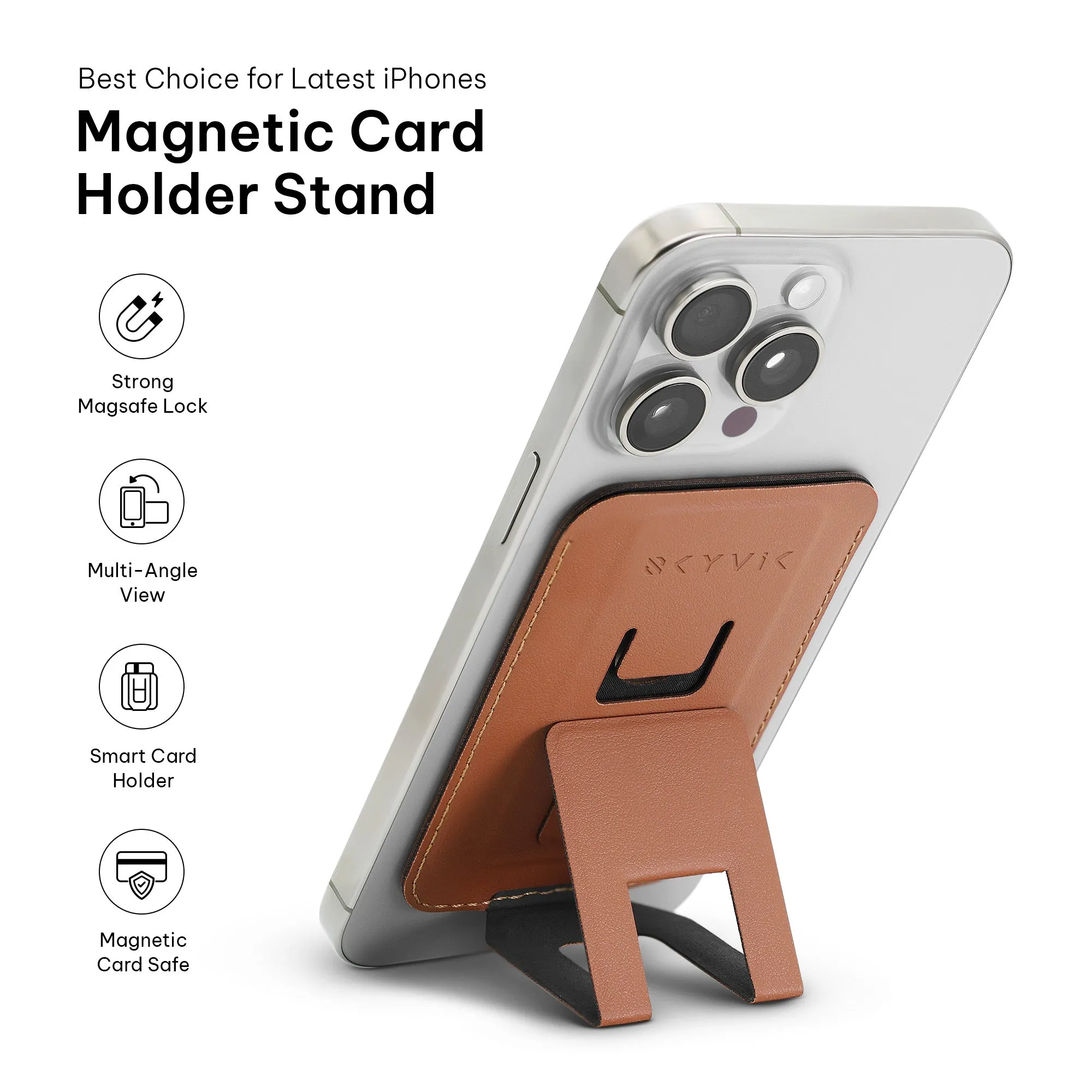 SKYVIK Leather Wallet Stand(MagTap) Compatible with Magsafe Card Holder for iPhone 15/14/13/12 Series-Brown